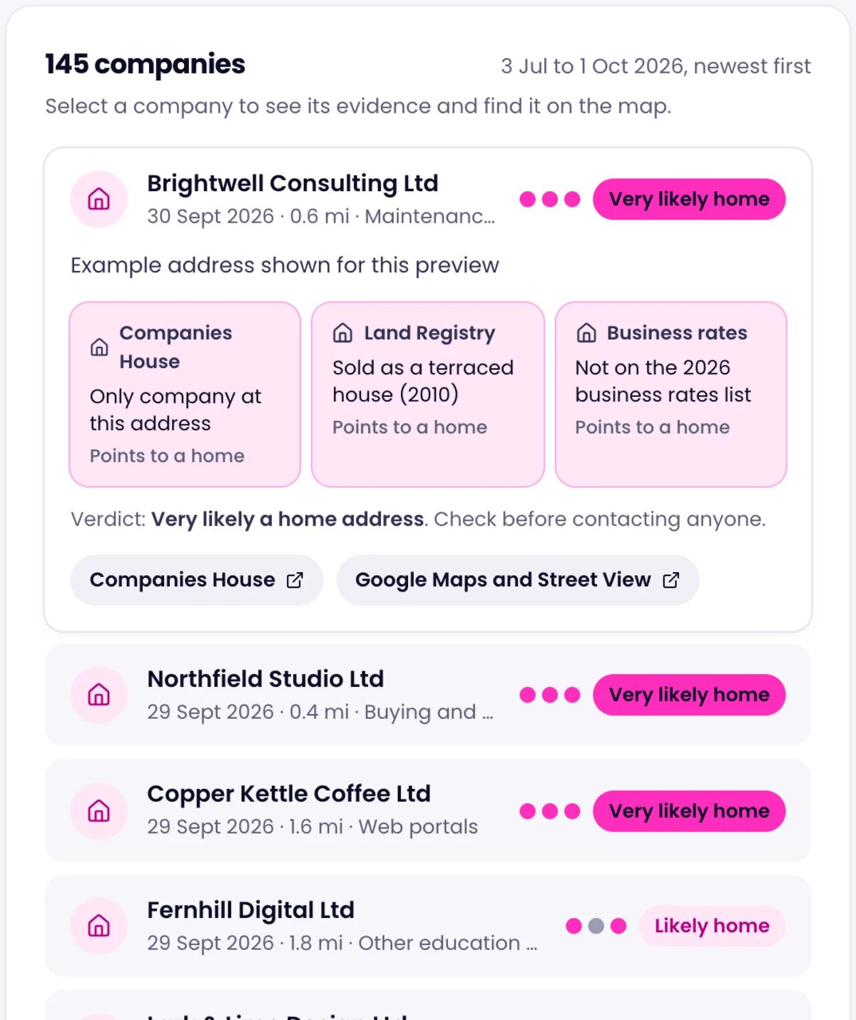 A prospect list with the evidence for one company: Companies House, Land Registry and business rates