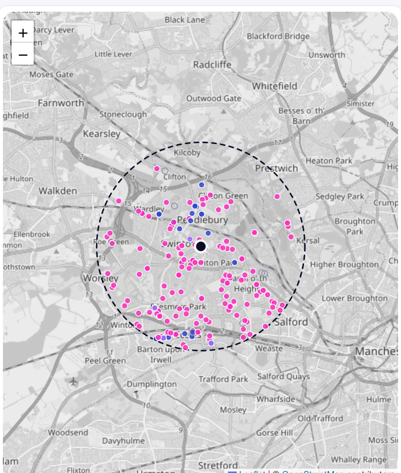 Map of new companies around a centre, coloured by whether each address looks like a home or business premises